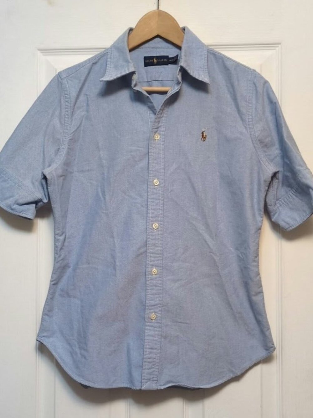 Polo Ralph Lauren Womens Sz M Short Sleeve Oxford Shirt Light Blue Cotton Button